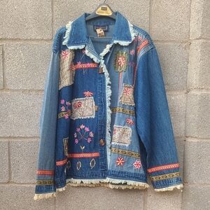 New Directions Grandmacore Blue Denim Patchwork Embroidery Jacket Size L